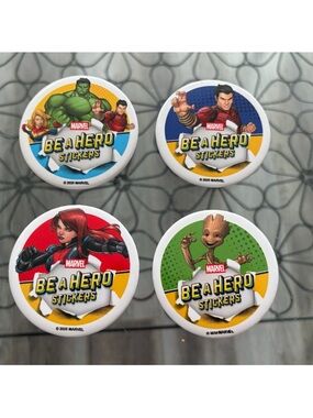 2025 MARVEL Comics BE A HERO Loblaws Superstore Complete 4 Sticker Pin Card Set